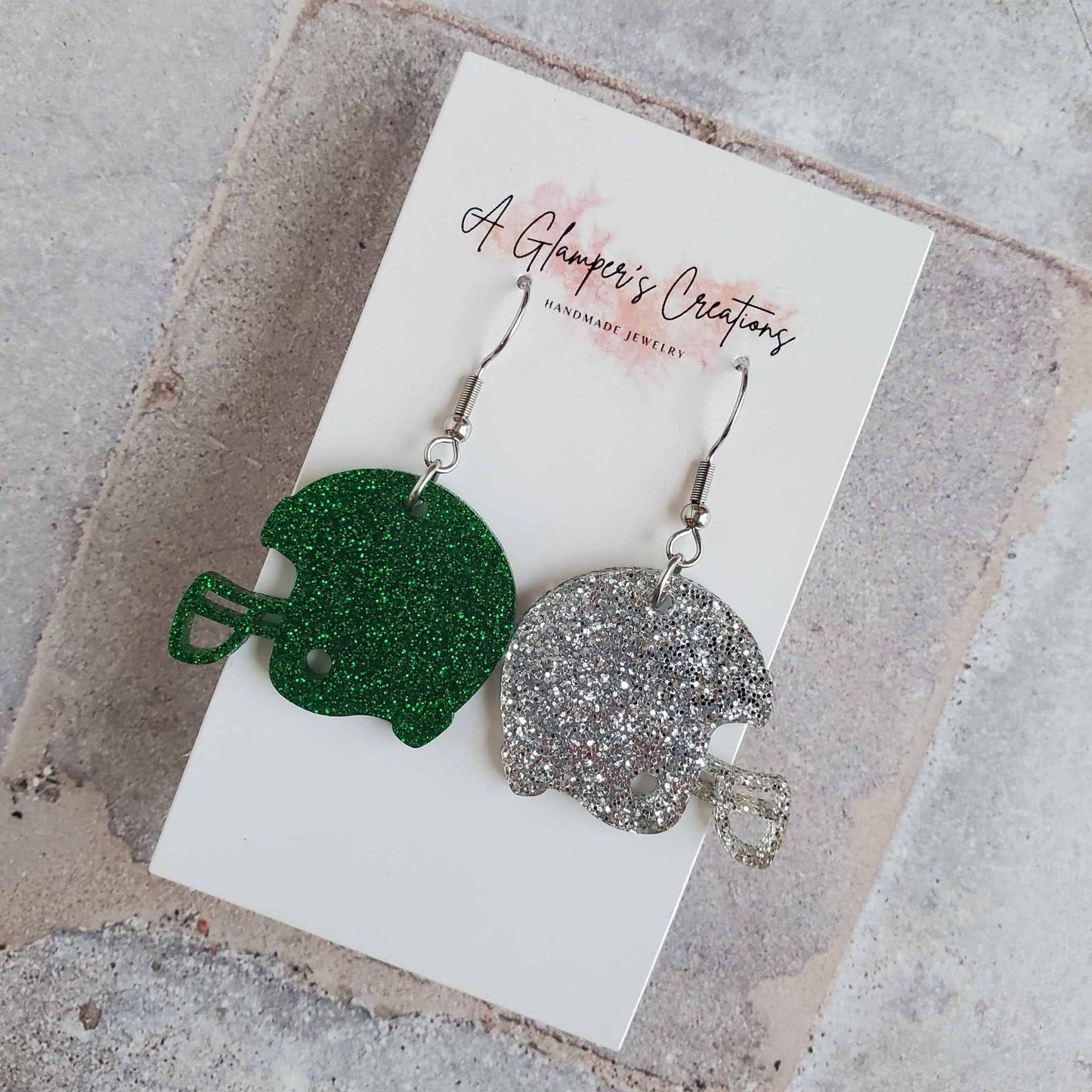 Green & Silver Glitter Acrylic Football Helmet Earrings