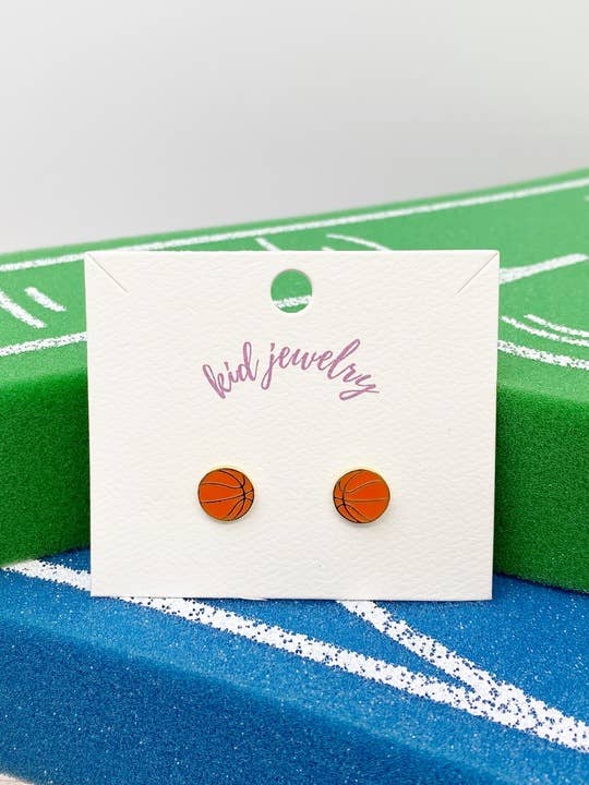 Kids Clip On Sports Stud Earrings - Basketball