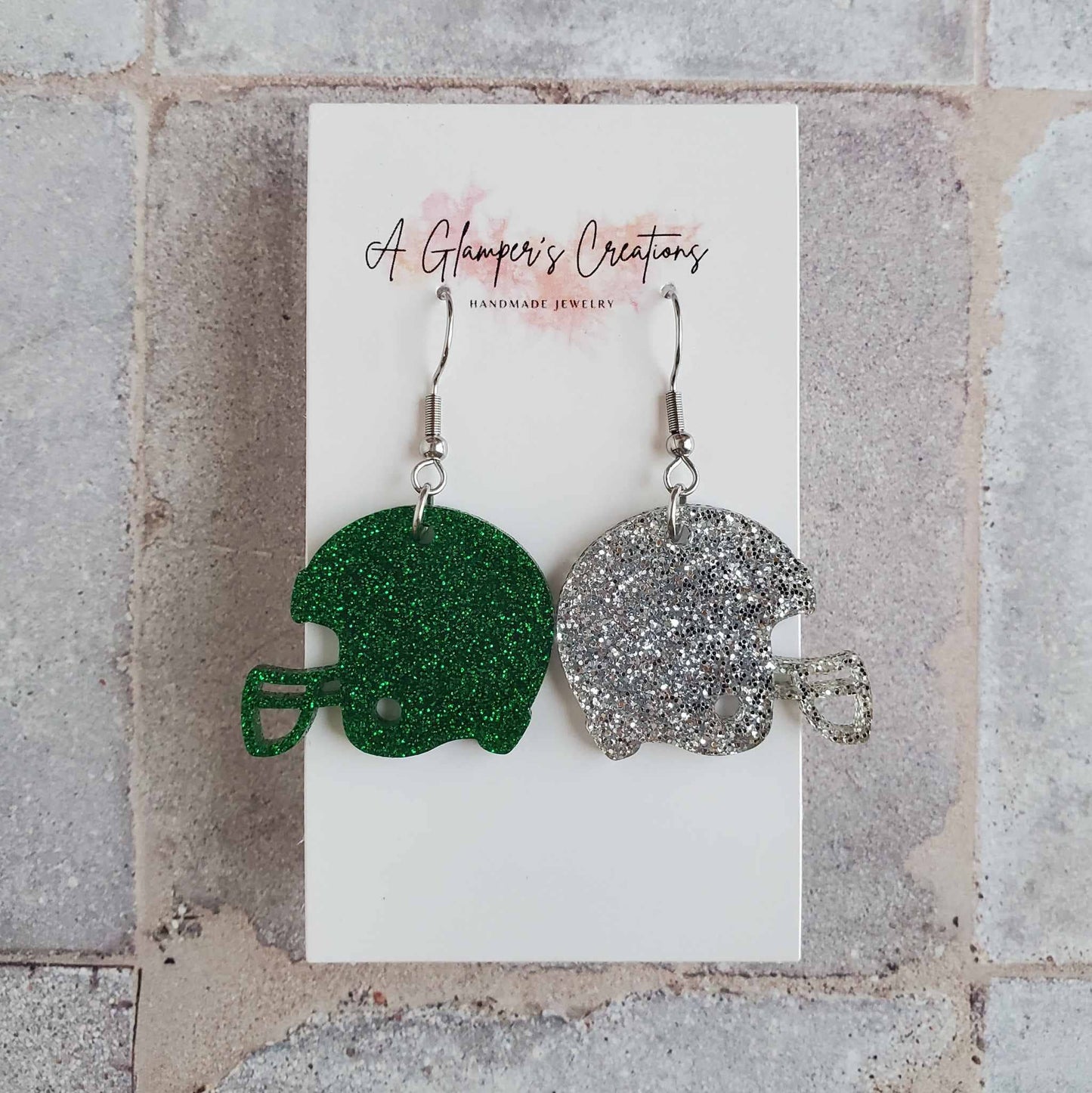 Green & Silver Glitter Acrylic Football Helmet Earrings