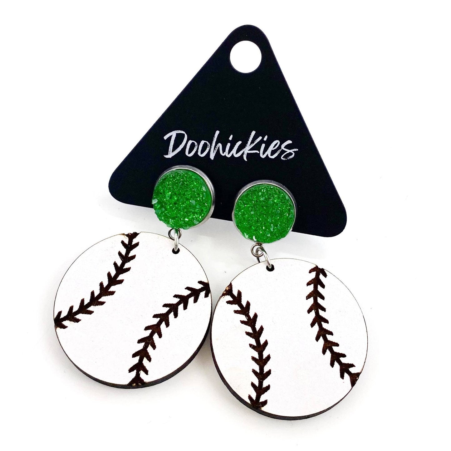2" Engraved Baseball Dangle Earrings w Green Post