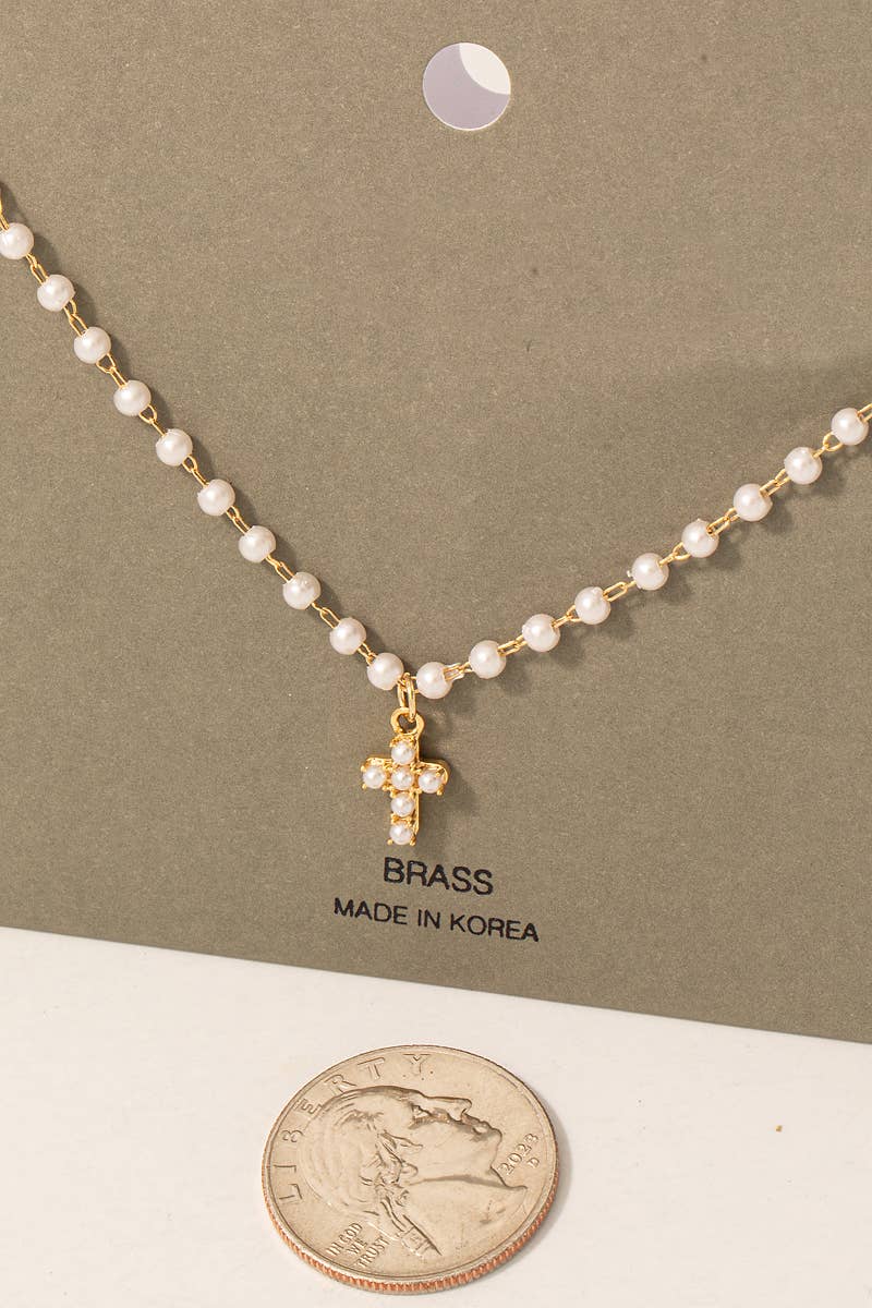 Pearl Beaded Cross And Chain Pendant Necklace