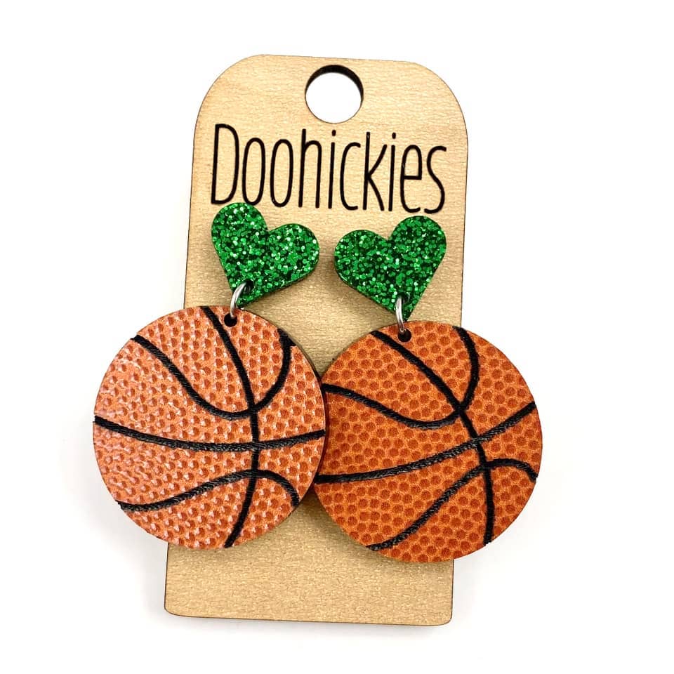 2" Green Heart Basketball Dangles - Sports Earrings