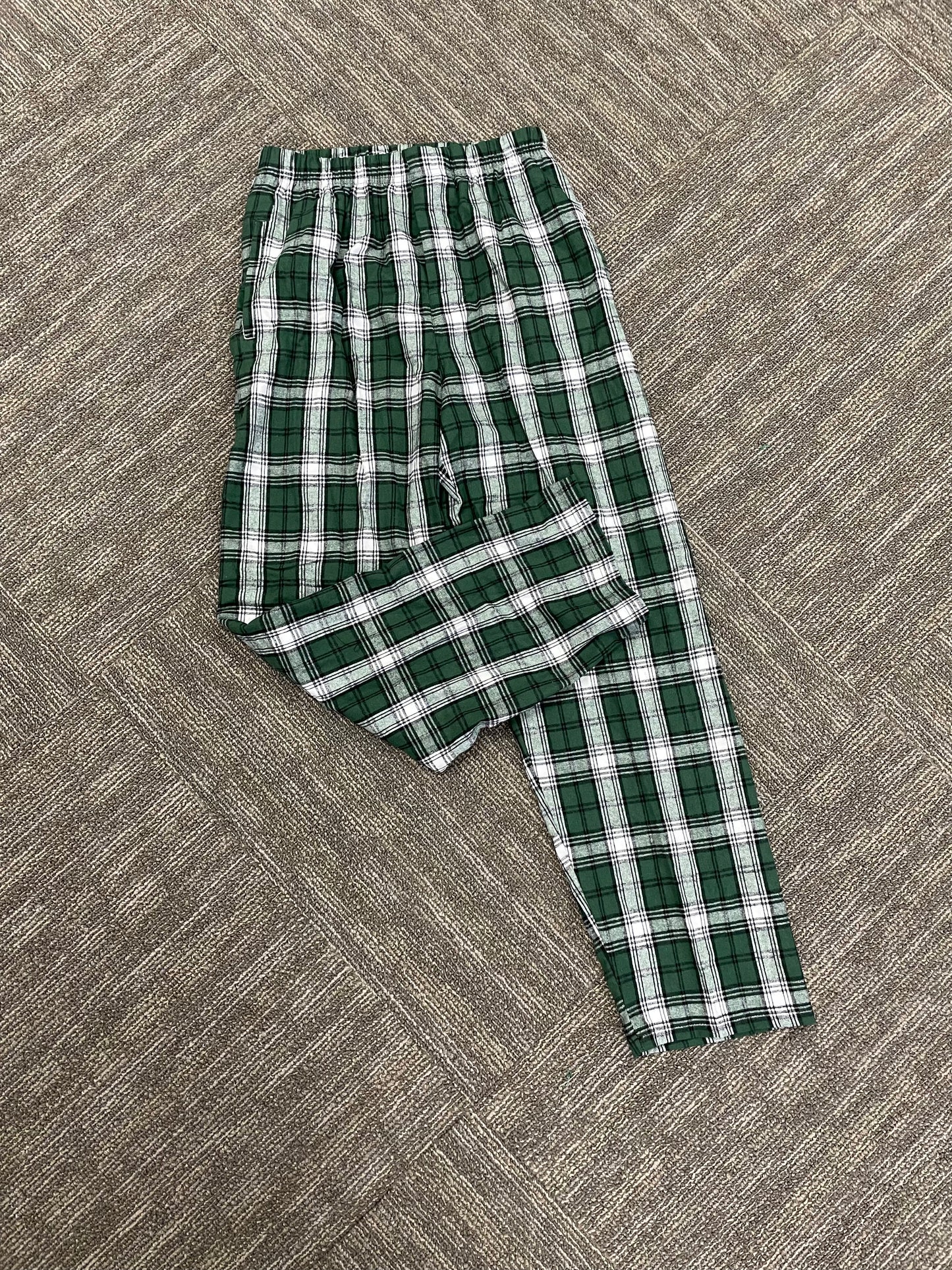 Adult Pajama Unisex Flannel PJ Pant w Pockets: Green/White Plaid