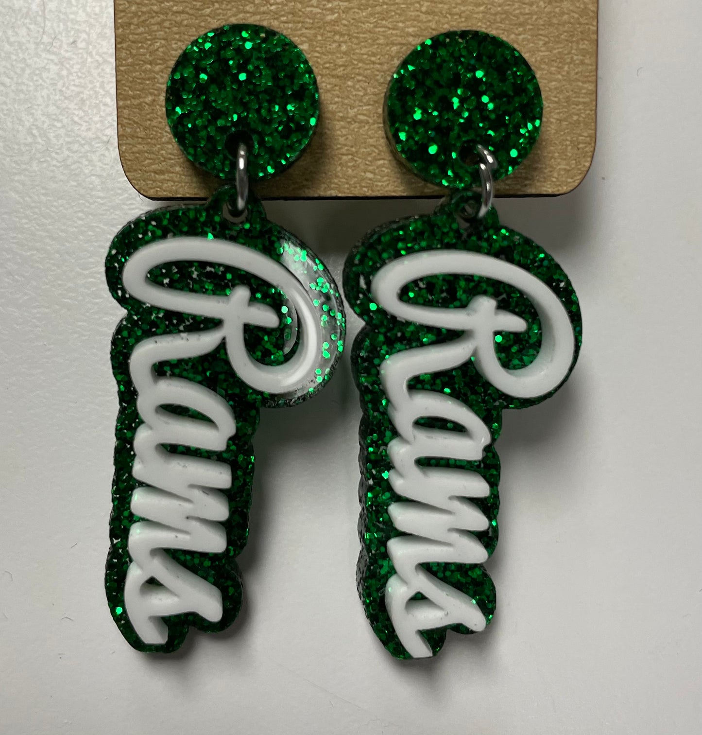 2" Rams Script Layered Green & White Acrylic Spirit Earrings