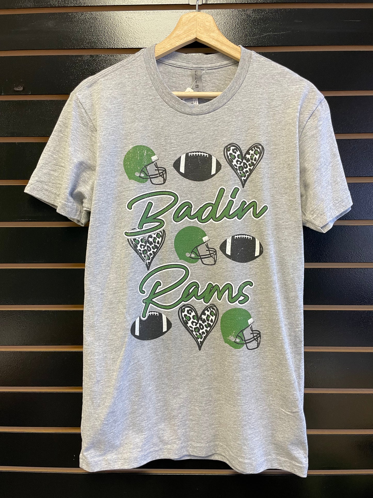 Badin Rams Football w/Icons & Green Leopard Hearts T-Shirt