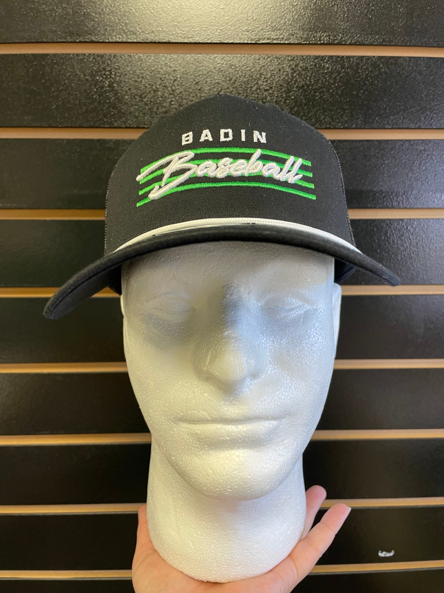 Badin Baseball Embroidered Black Mesh Snap Back Cap