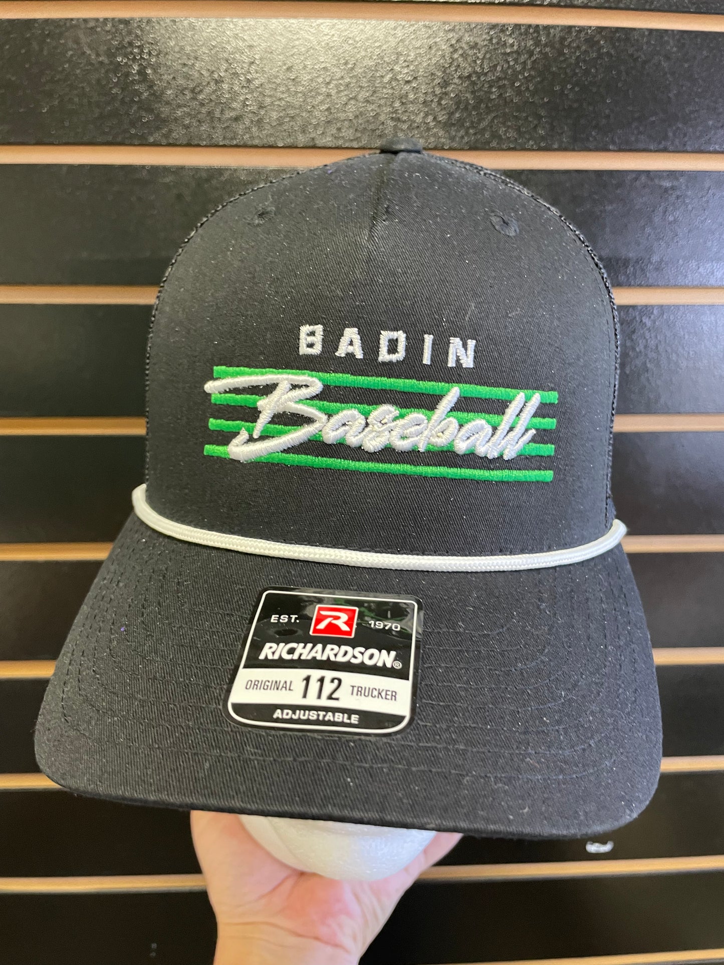Badin Baseball Embroidered Black Mesh Snap Back Cap