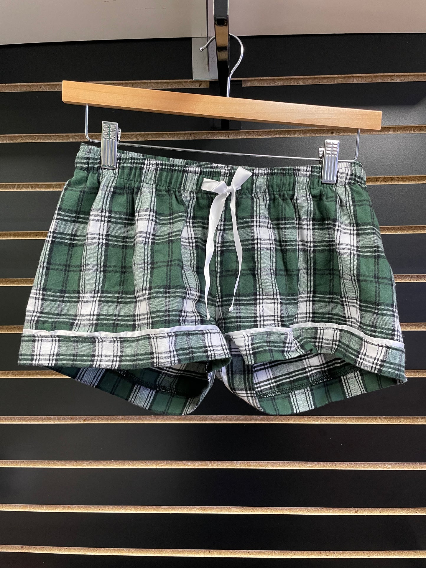 Ladies Pajama Flannel PJ Shorts : Green/White Plaid