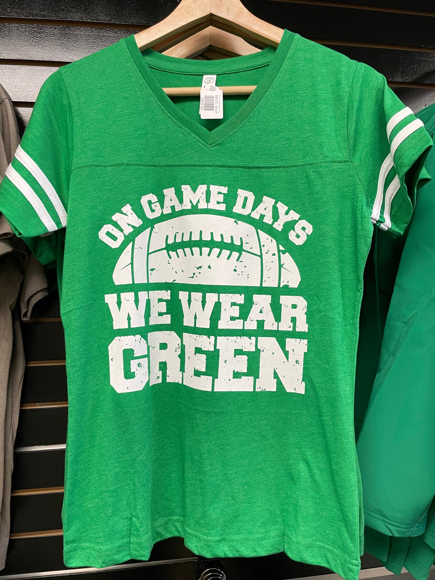 Women's Football V-Neck Vintage Green & White Tee: On Game Days We Wear Green (3537 LAT)
