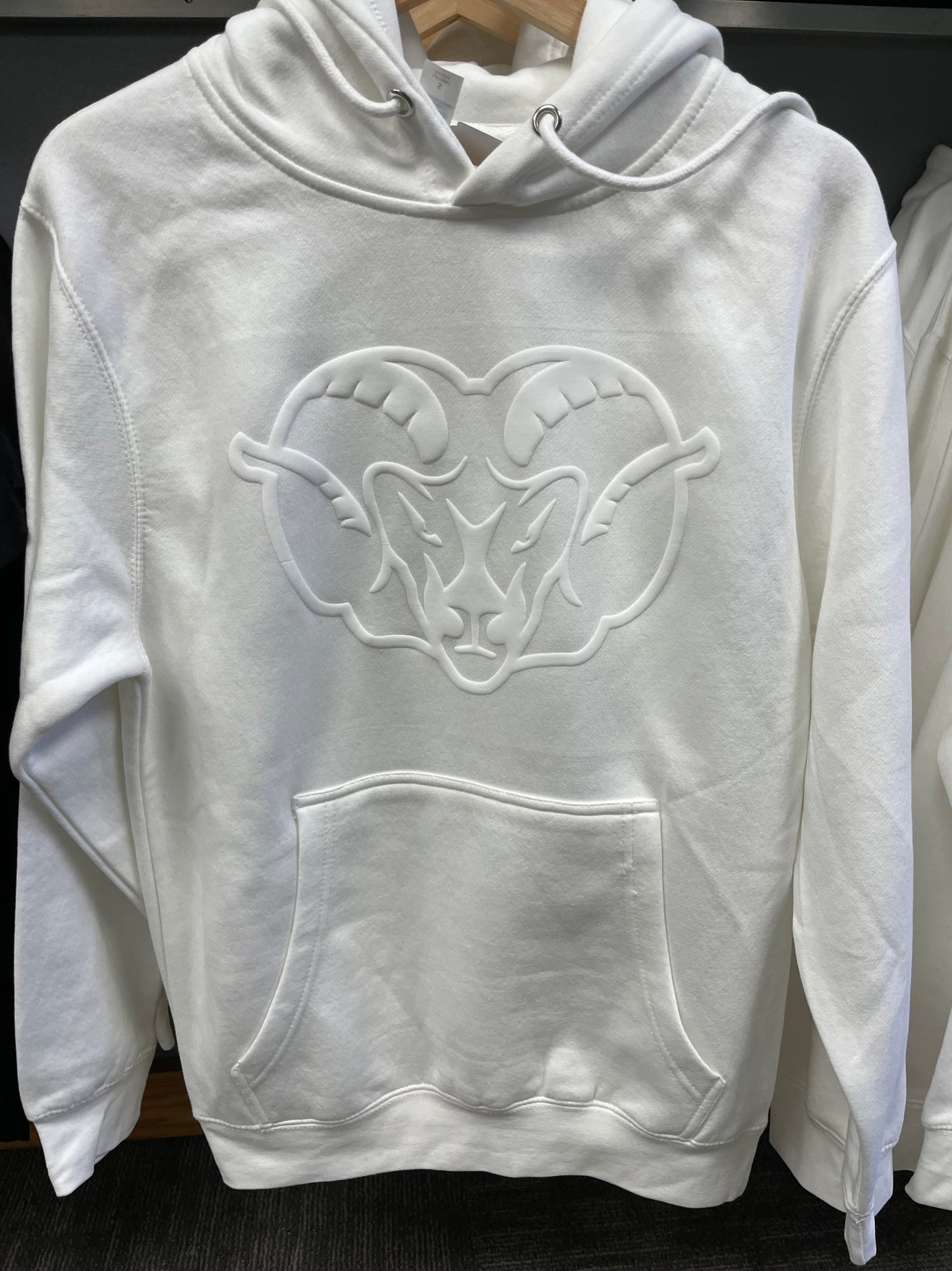 WHITE PUFF RAM on White Hoodie Unisex