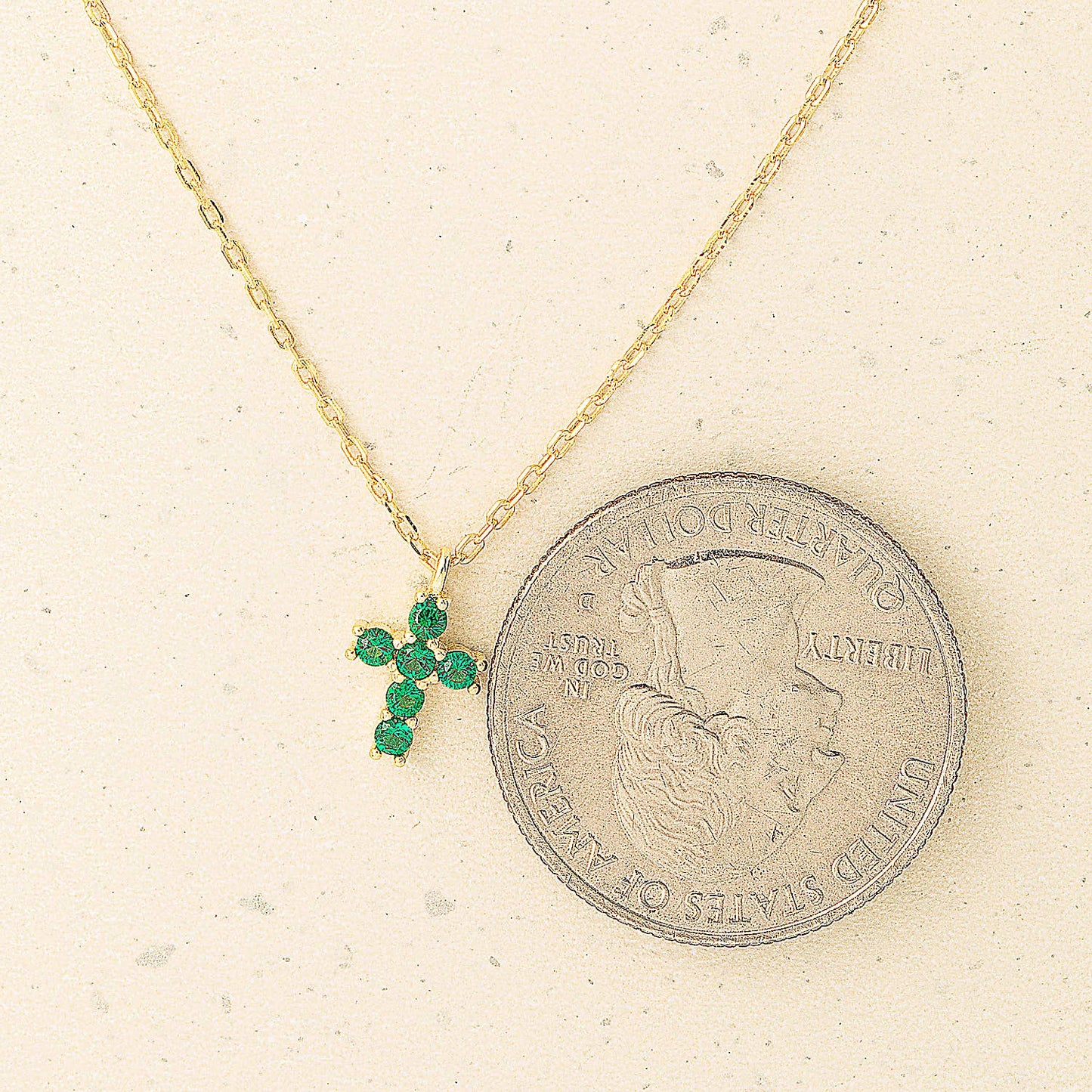 Gold Green Gem Cross Pendant Necklace