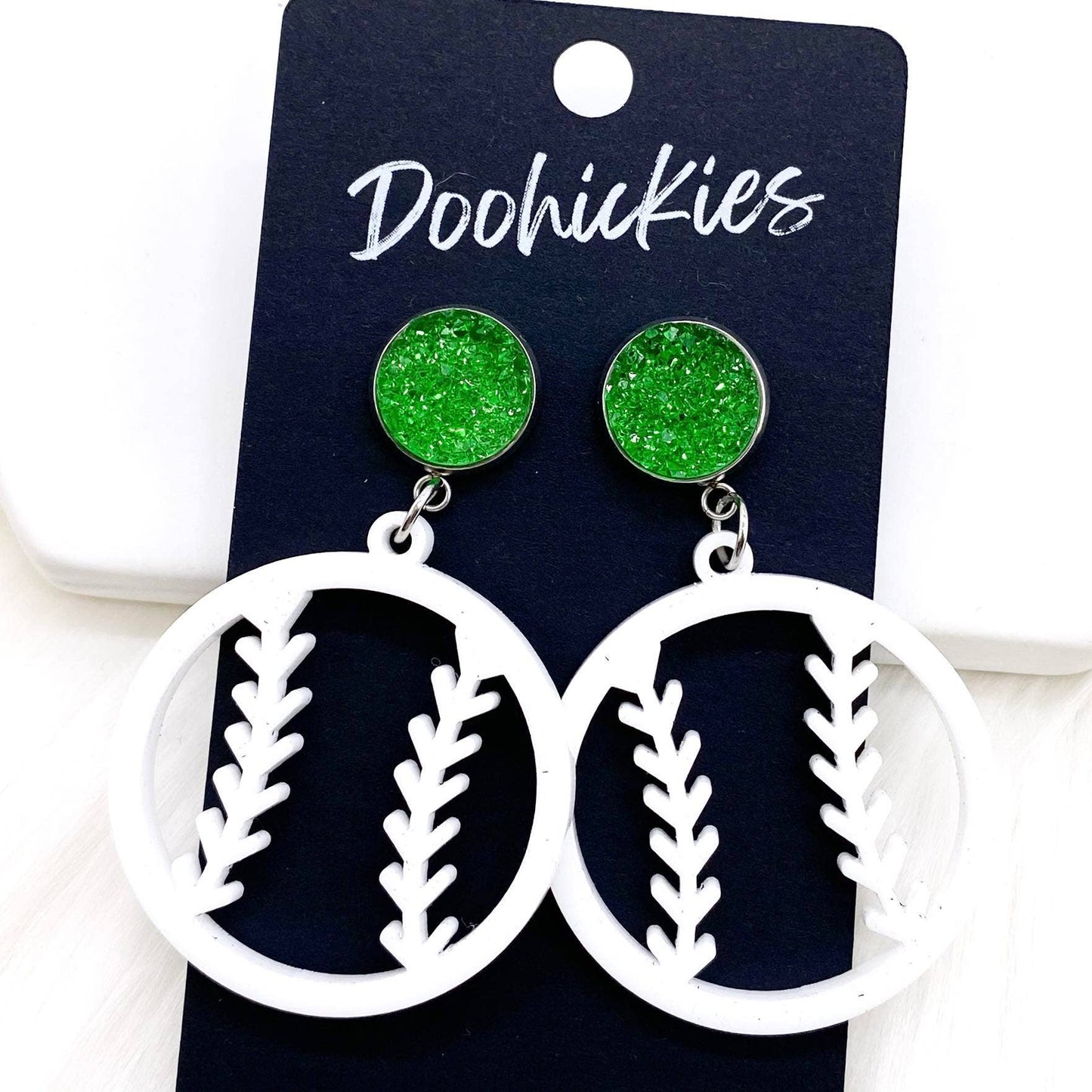 2" Green Post Baseball Cutout Dangle Earrings