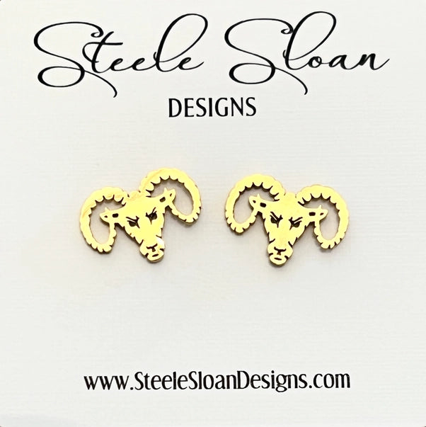 Ram Head Gold Stud Earrings