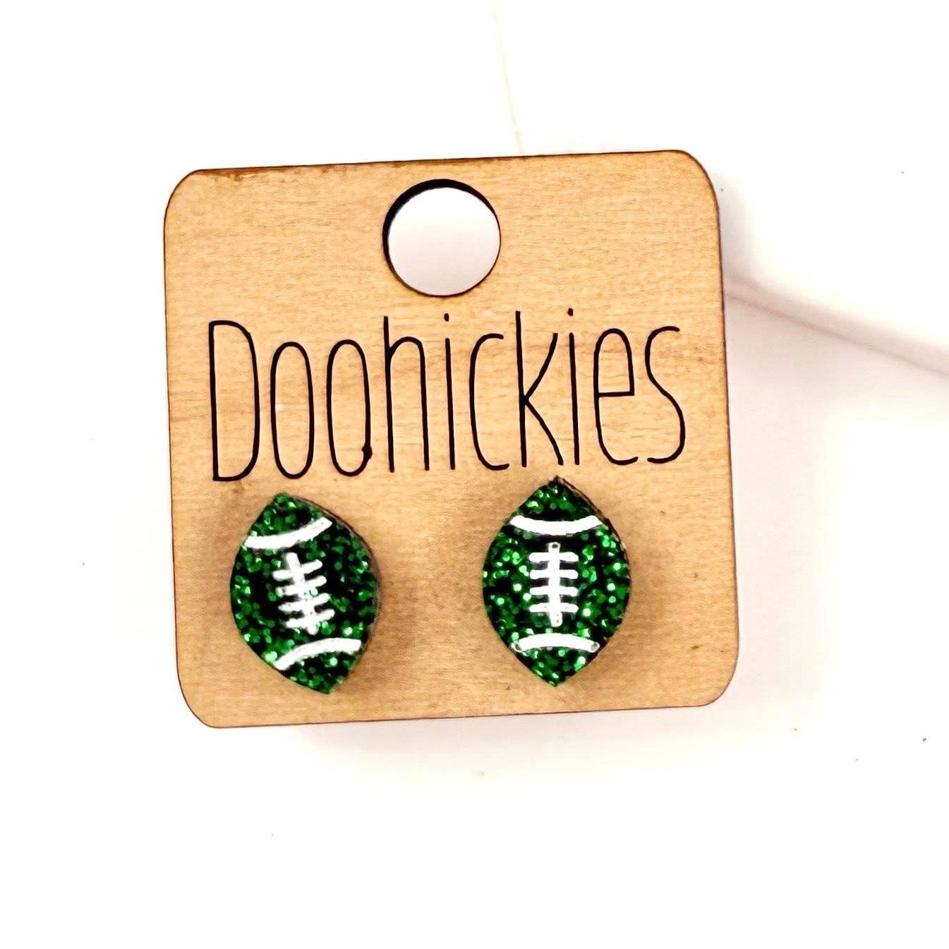 Green Glitter & White Football Stud Earrings